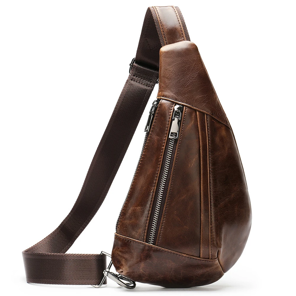 Genuine Leather Sling Bag Daypack Vintage Men's Crossbody Backpack Mens Travel Hiking Chest Bag Cross body Shoulder Bags for Man