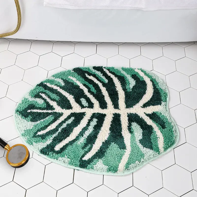 

Irregular Plant Carpets Tufted Rug Tropical Leaf Area Rug for Living Room Bathroom Handmade Green Monstera Fluffy Bath Floor Mat