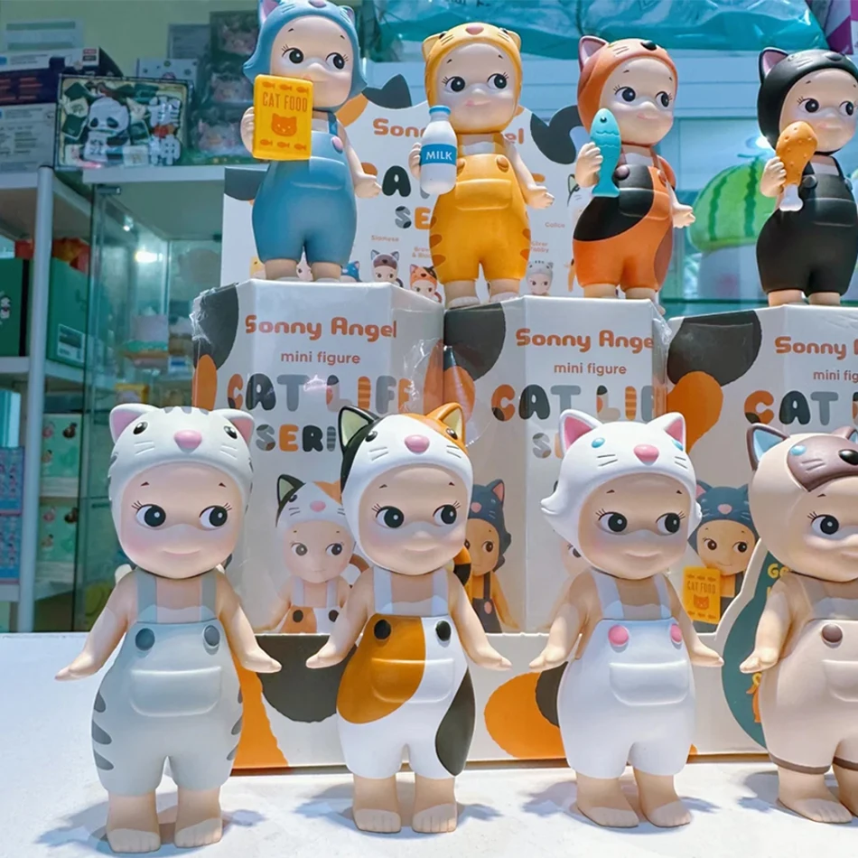 SonnyAngel caja ciega de la serie Cat Life para niños, lindo bebé que lleva ropa de gato, Mini estatuilla, adornos de mesa, figu