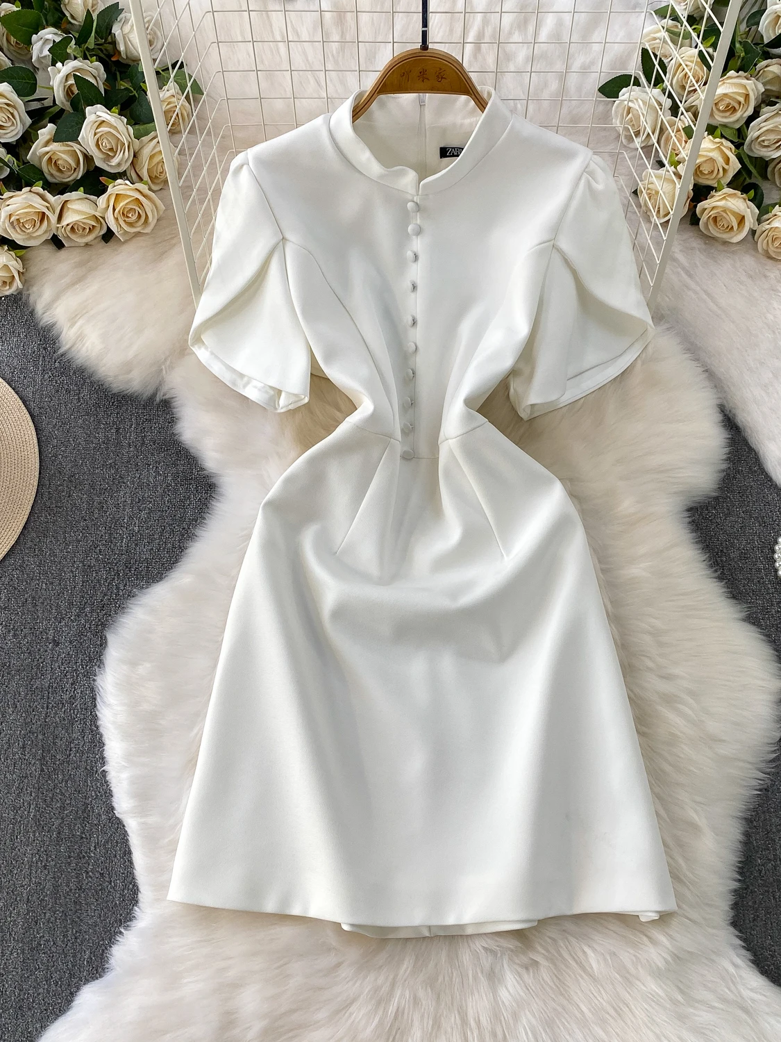 Retro Ele Stand Collar Bubble Sve Dr Mujer Otoño Invierno Adelgazante Envoltura alrededor de cintura alta Abotonada Ci Commute D...