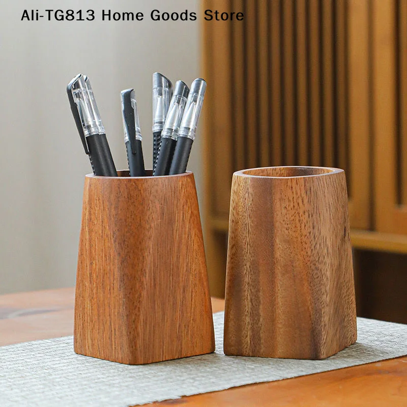 

[TG813]Vintage Wood Pen Holder Minimalist Large-capacity Storage Pencil Box Portable Makeup Brush Holder Table Organizer Pot