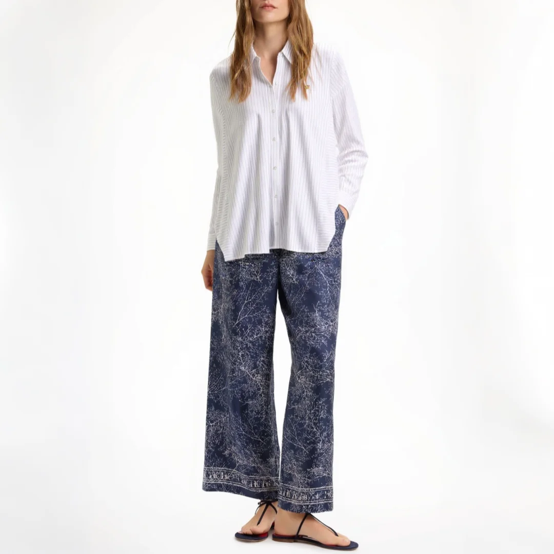 CH Woman's Clothing - White Vertical Striped Long-Sleeved Shirt - Buttoned Neckline - With Golden Logo Details