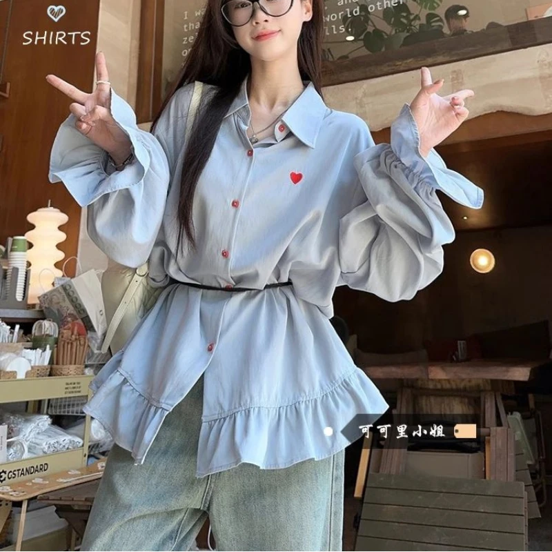 Love Embroidery High Street Blouse Spring New Polo Neck Loose Ruffles Patchwork Fashion Shirt Tops Korean Casual Women Clothing