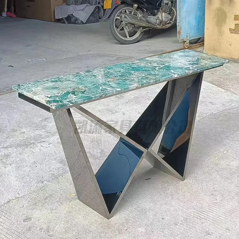 Geometric Marble Entrance Table for Light Luxury Strip Style Multiple Tables Observation Platform Stainless Steel Entryway