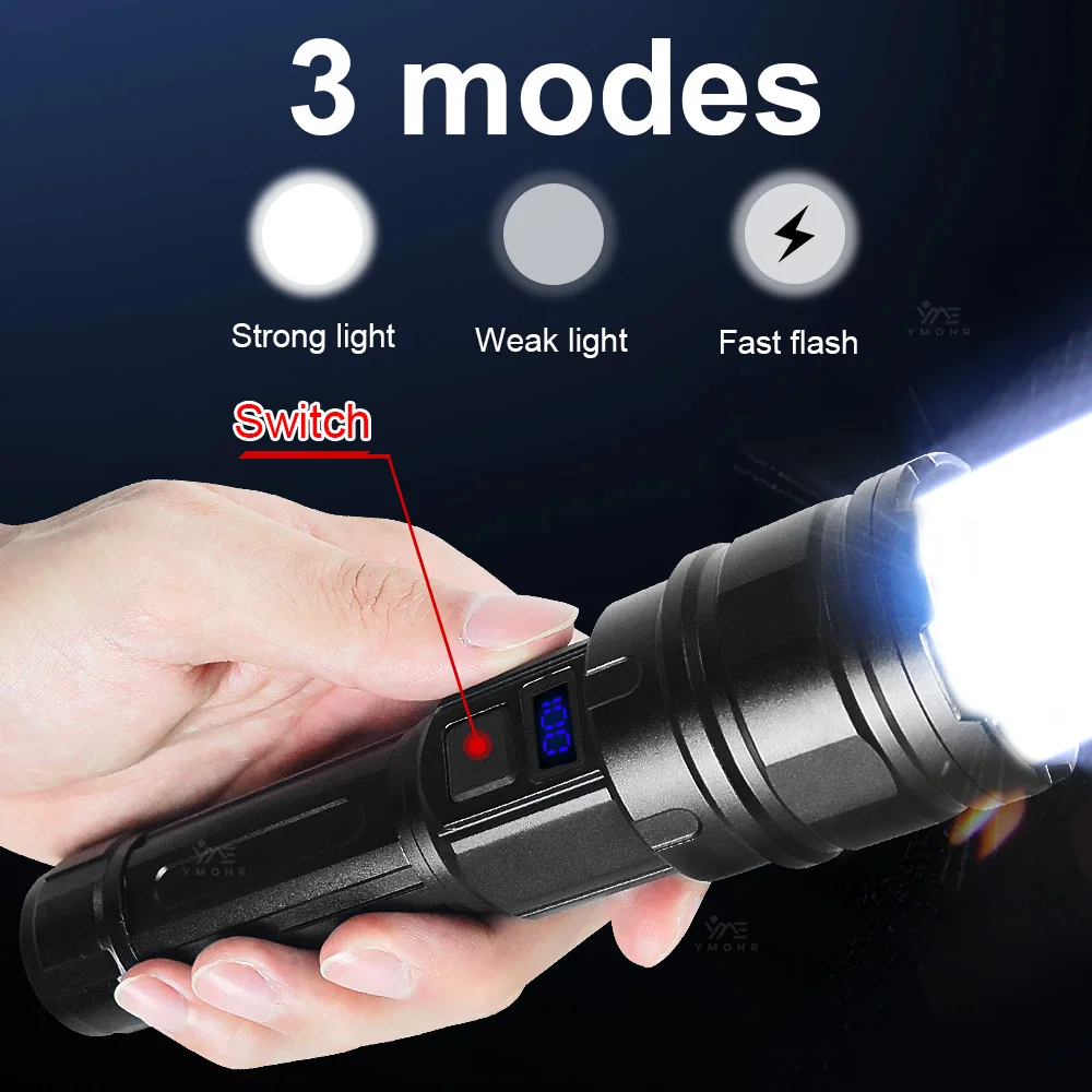 100000LM White Laser Flashlights High Power Rechargeable LED Flashlight Tactical Torch Digital Display Power Bank Camping Hiking