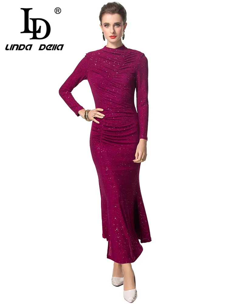 LD LINDA DELLA Autumn and Winter Women\'s Pencil Dress Long-Sleeved Pretty Slim-Fit Hip Wrap Evening Prom Purple red Dresses