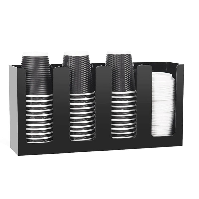 1 Piece Coffee Cup And Lid Organizer Disposable Paper Cup Holder Dispenser 4 Compartments Black