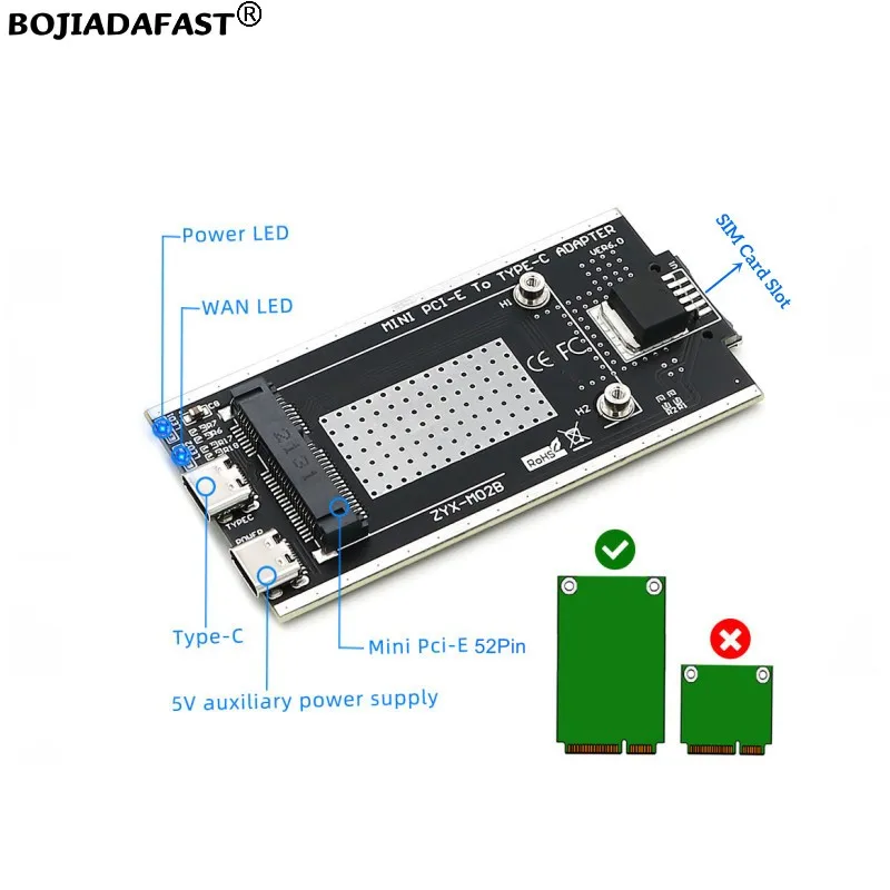 USB 2.0 To Mini PCI-E Wireless Adapter 1 Standard SIM Card Slot With 2 Antenna + Protection Case For 3G 4G LTE GSM Modem Module