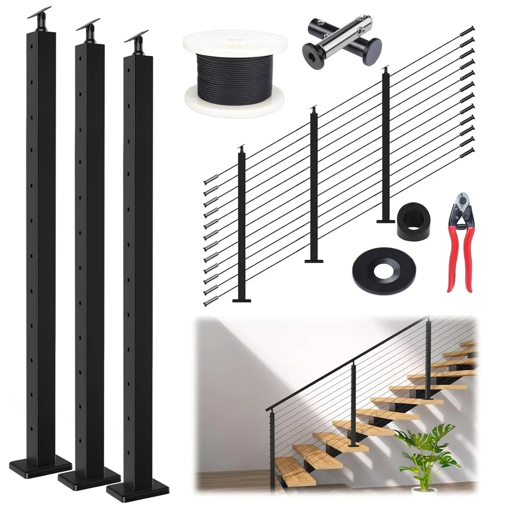 42" Stair Cable Railing Post Kit 10ft-15ft Complete Set with 3 Black Posts Swageless Invisible Cable Railing High Quality