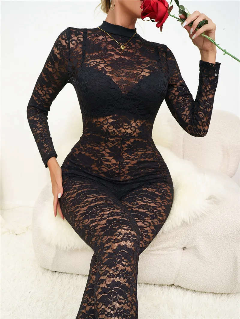 Elegant Lace Women Jumpsuits Black Long Sleeve O Neck See Through Skinny Rompers Sexy One Piece Nightclub Party Overalls