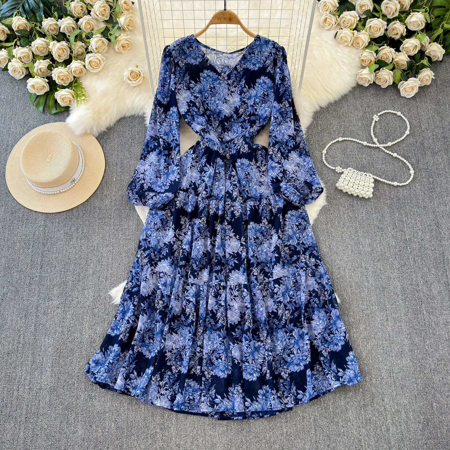 

Summer Long Chiffon Dress for Women Floral High Waist Flared Boho Chic Full Sleeve Big Swing Ruffle Draped Holiday New In 2024