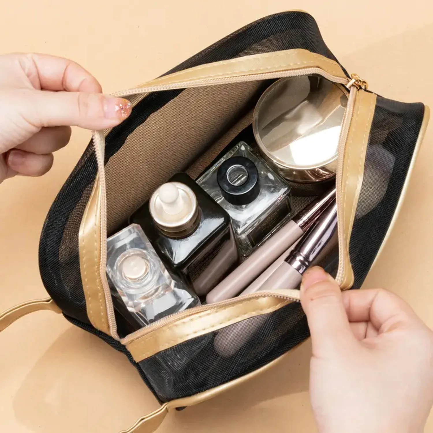 Bolsa de maquillaje de malla negra, elegante bolsa de aseo cosmética para viajar y uso diario