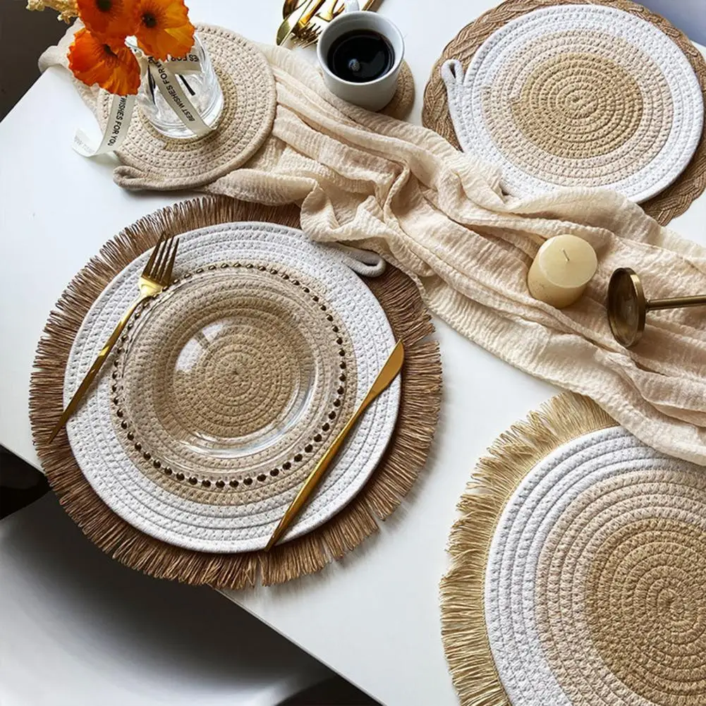 Heat Resistant Coaster Dining Table Heat Mat Cotton Rope Coaster Set Color Block Heat Insulation Mat Thickened Potholder for Hot
