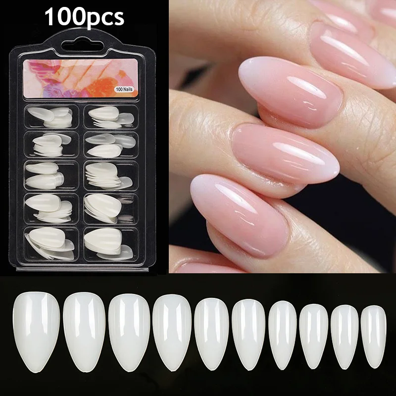 100pcs Natural White False Nails Full Coverage Short Fake Nails Set Coffin Almond Press On Nail Manicure Art Beauty Tool