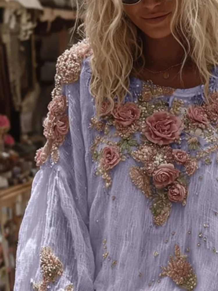 

Повседневные осенние новые вечерние пуловеры с длинными рукавами, топы, элегантные свободные рубашки с круглым вырезом и цветочным принтом, модные плиссированные женские банкетные топы 2023 г.