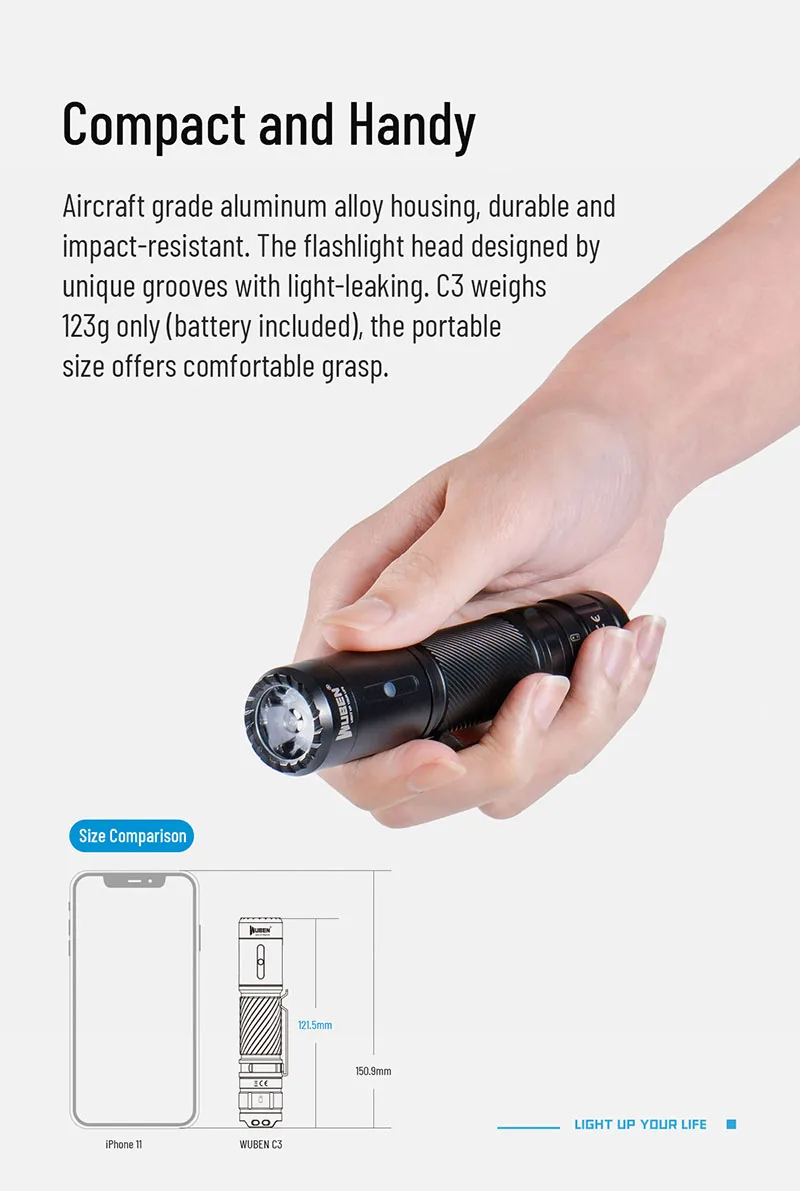 WUBEN C3 Tragbare Outdoor-Taschenlampe, 1200 Lumen, Typ C, wiederaufladbar, EDC, wasserdicht, mit 18650-Akku, für Camping, Jagd – Detail 4