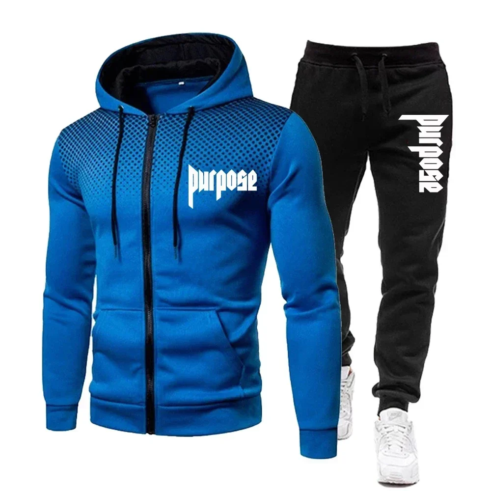 

A set of a zip-up hooded sweatshirt and loose-fitting sweatpants, suitable for men. This sweatshirt has a hood design and is sui