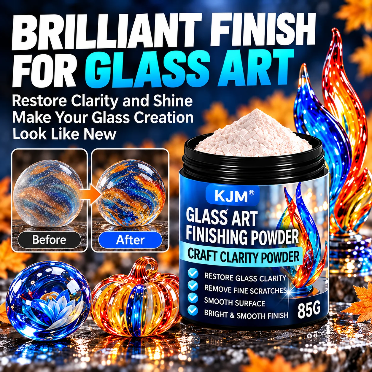 KJM Glass Art Polishing Powder 85G Glass Craft Finishing Powder DIY Handmade Glass Restoration Tool Clear Shine Surface Repair