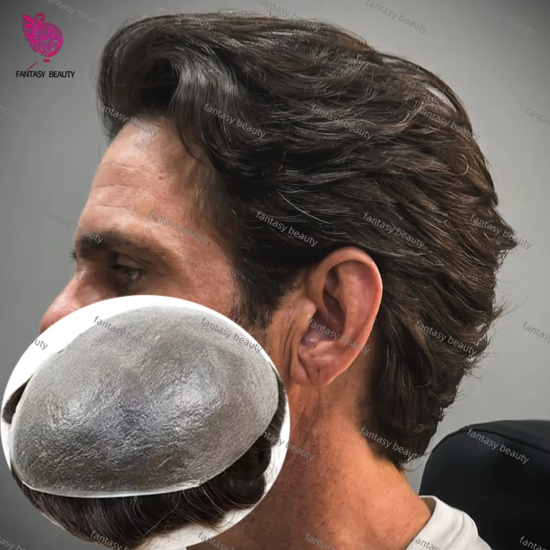 

6 Inch Thinness skin Full pu base men toupee 30mm Curly Natural Hairline 1B10 1B50 Black Gray Hair Piece Male Prosthesis Hair