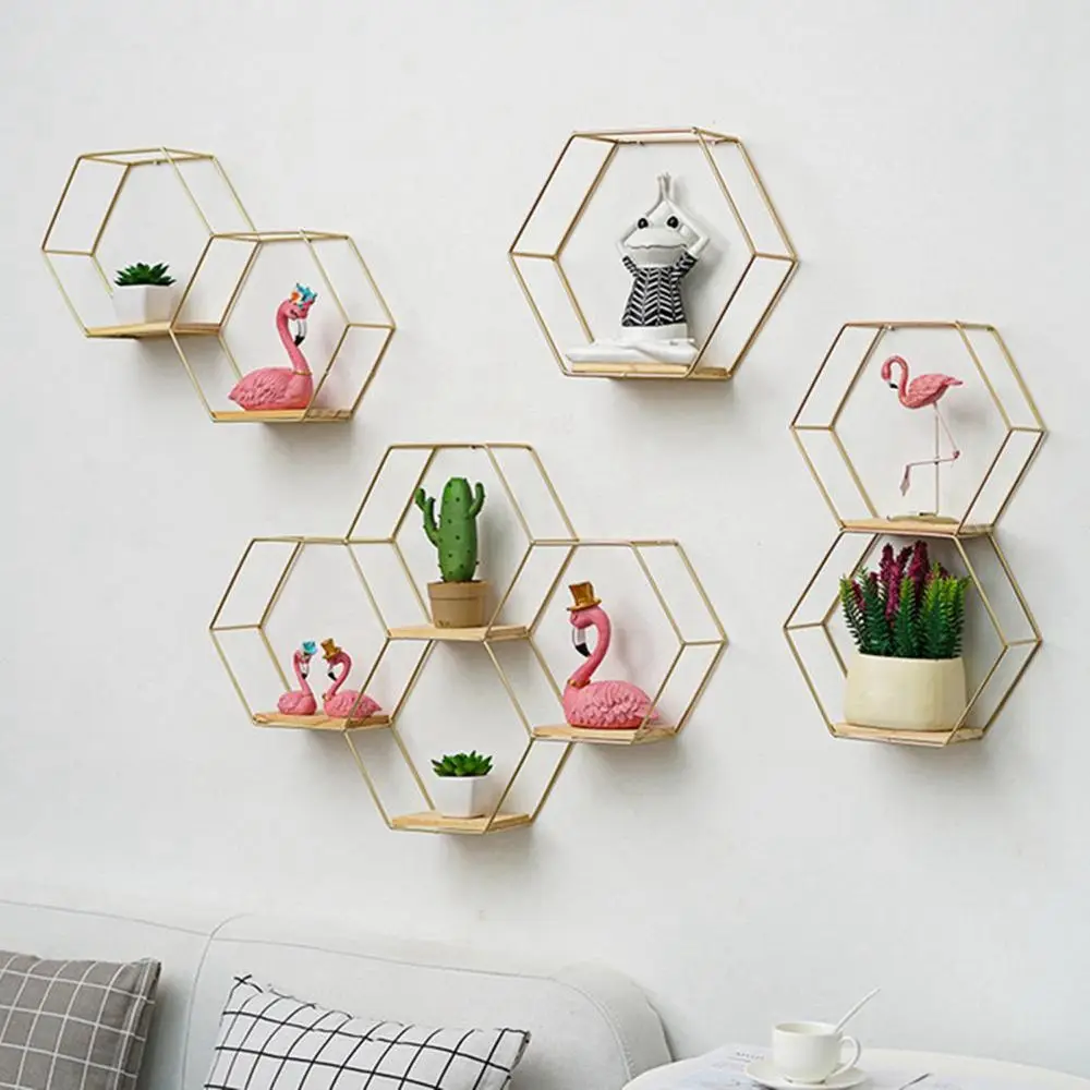 

Safe Nordic Style Hexagonal Shelves Wall Ornaments Iron Stand Background Storage Rack Wall Decoration Home Decor Storage Shelf