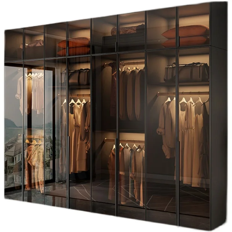 

Cloakroom Furniture Clothes Storage Walk in Closet Wardrobe Black Wardrobes Cabinet Closet With Glass Door LED Lights