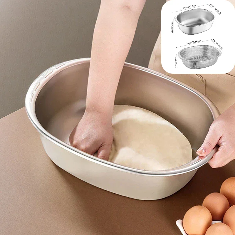 

Многофункциональная чаша-мешалка из нержавеющей стали с дренажной корзиной, сверхпрочная, для замешивания теста, овощей, подходит для дома и коммерческого использования, можно мыть в посудомоечной машине