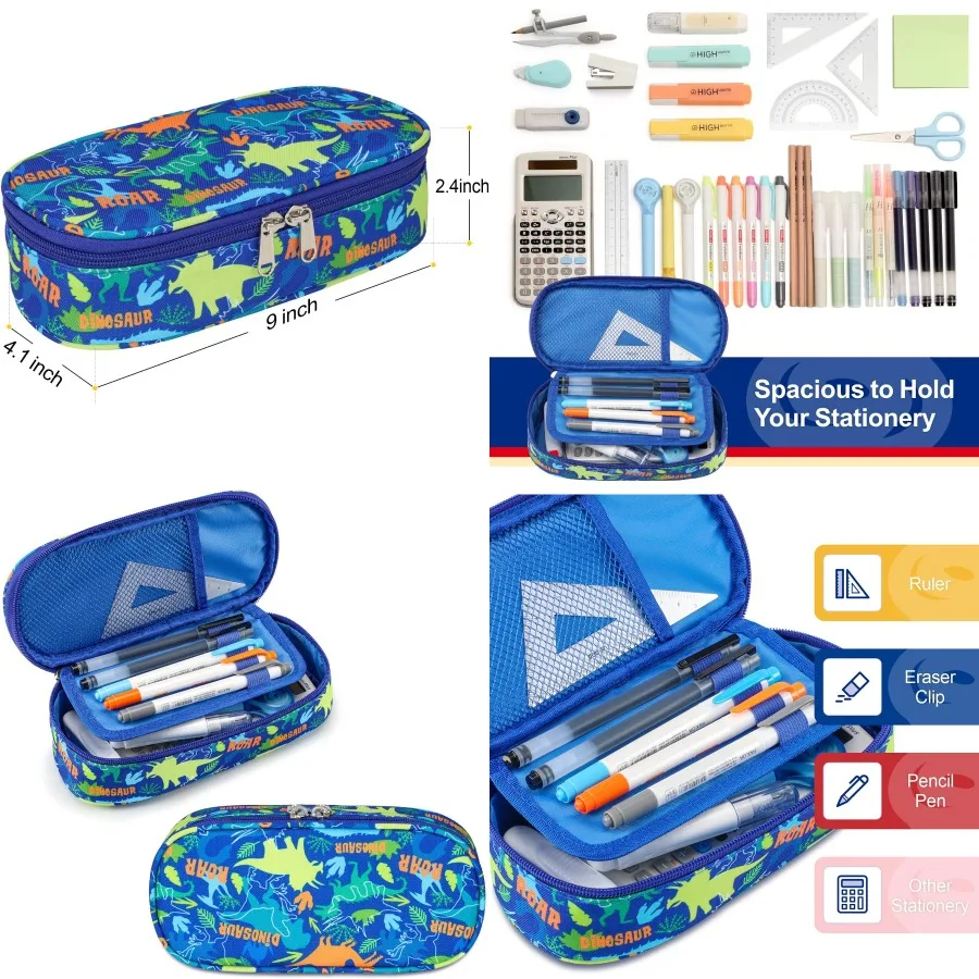 

Милый синий пенал с динозавром для мальчиков и девочек — большой вместительный пенал с несколькими слотами, органайзер для школьных принадлежностей, идеальный вариант
