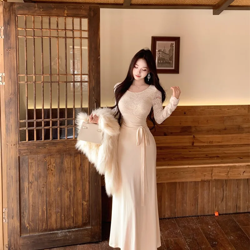 

Ele Lace Splice Pure Desire Sle Women's Dr Autumn Winter New High Waist Slim Fit Bodycon Fi Tail Skirt