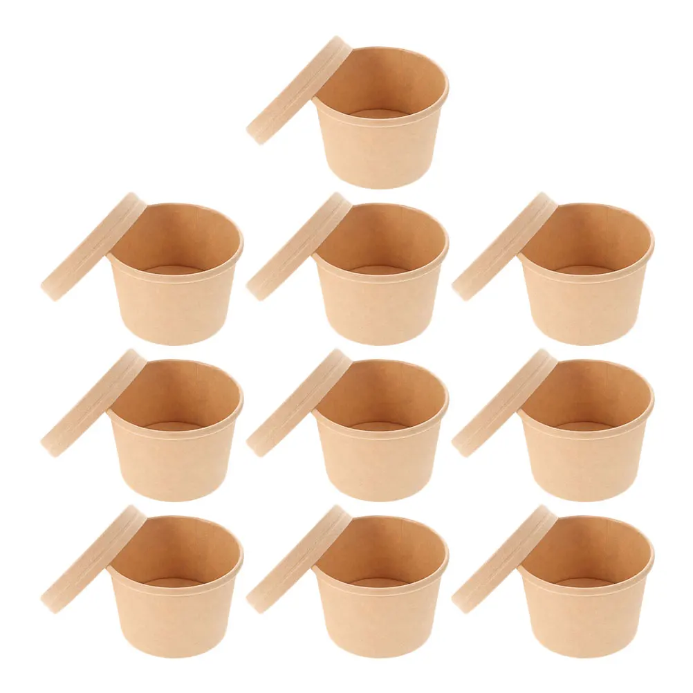 10 Sets Ice Cream Cups Paper for Dessert with Spoons Thicken Canteen Lids Container