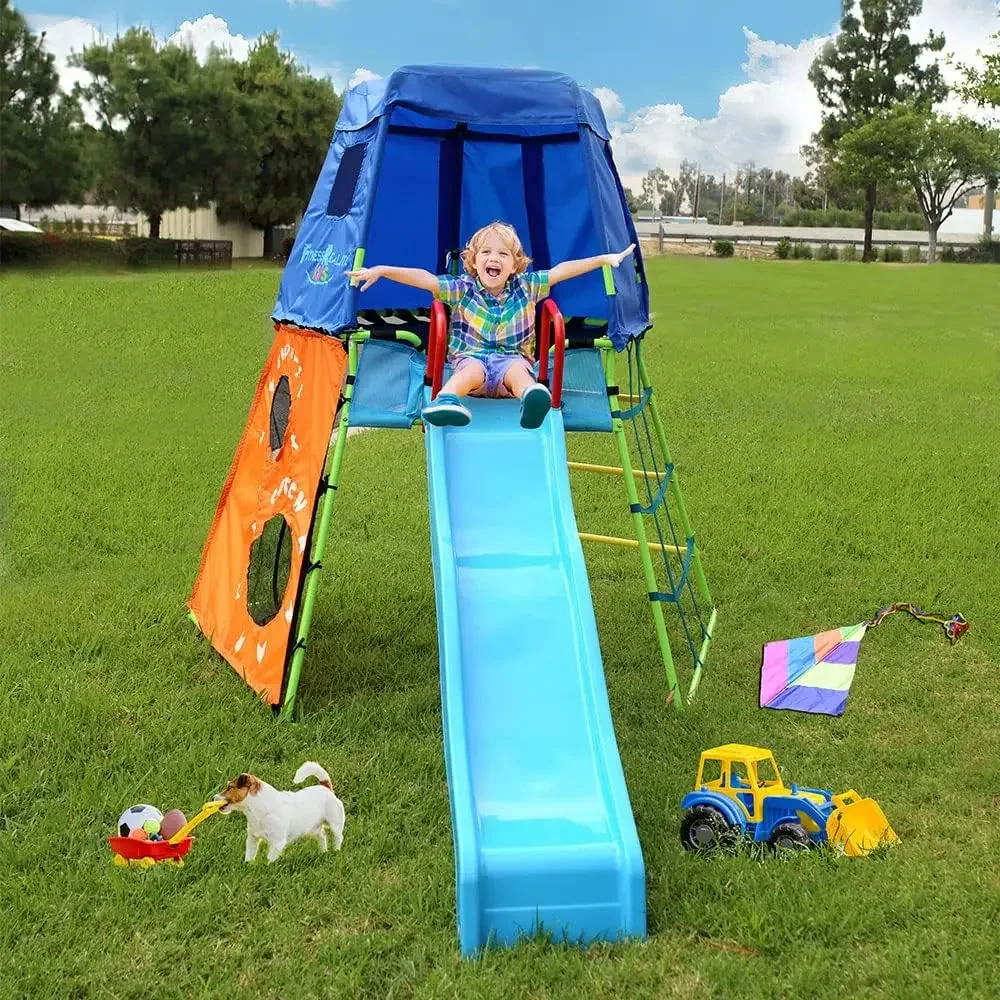 Adventure Climbing Fort with Platform, Playground Slide and Play Tent, Outdoor Jungle Gym for Backyard, Kids Ages 3-10