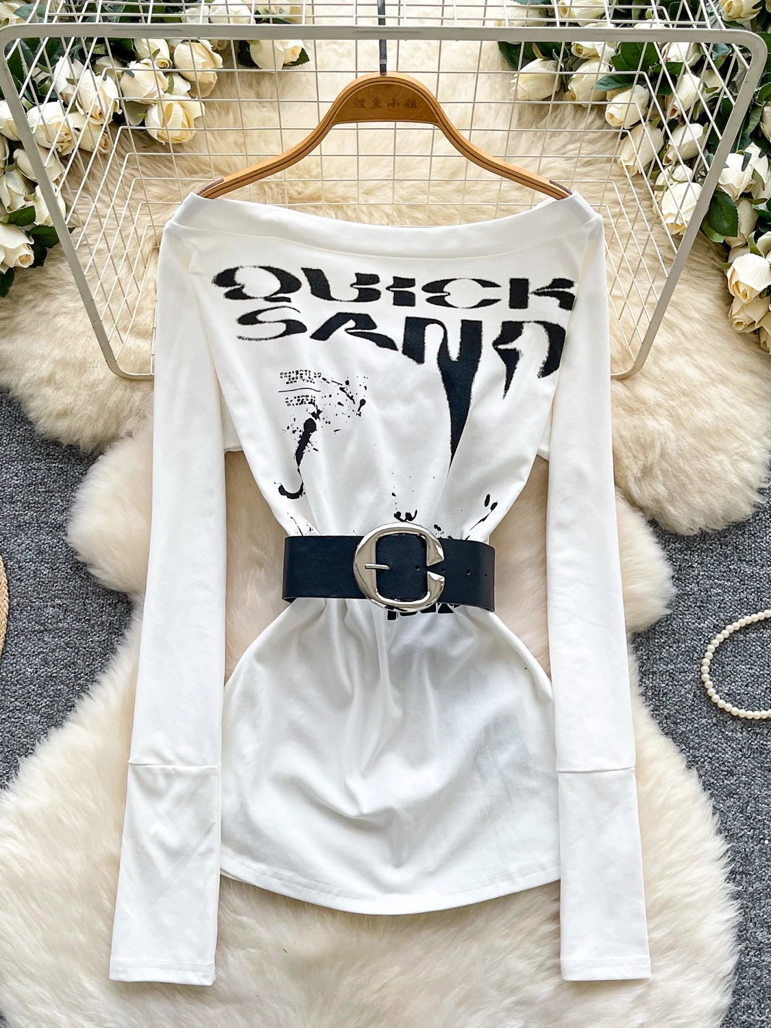 Amerykańska seksowna koszulka damska z długim rękawem, podkreślająca talię, z jednym ramieniem, z nadrukiem, dopasowana, z dekoltem w serek, regularny rękaw, poli...