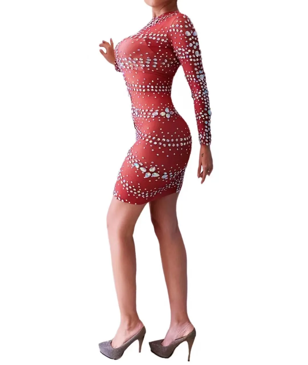 Veelkleurige lange mouwen sprankelende diamanten wikkelrok avondjurk voor bar verjaardag viering podiumvoorstelling op maat