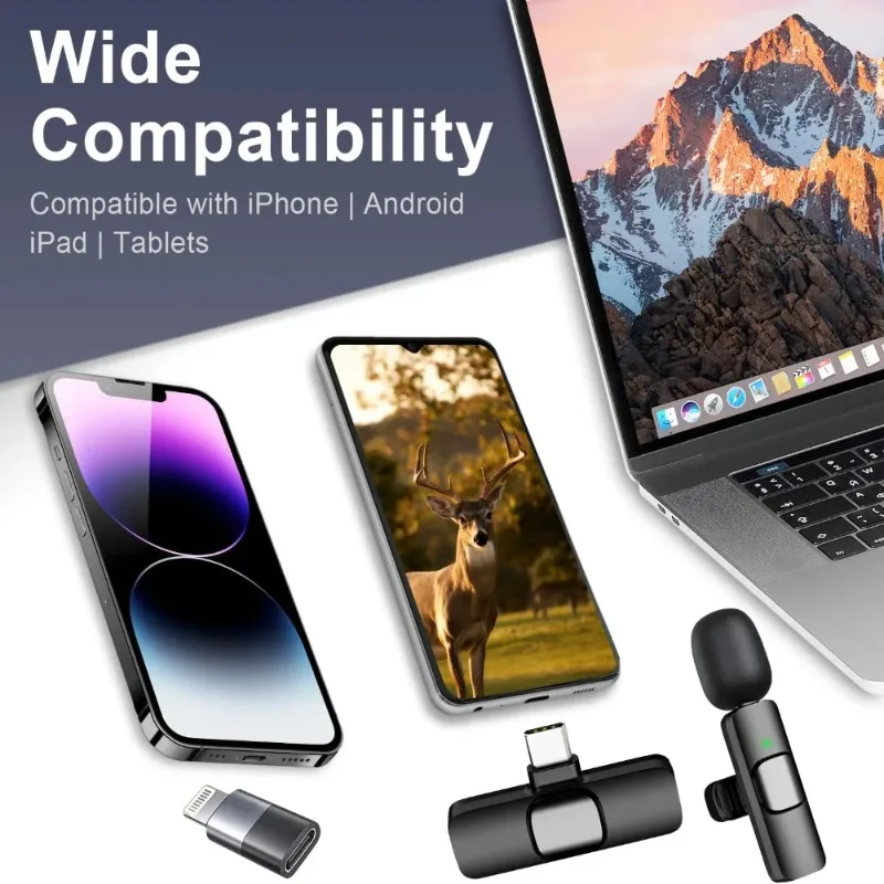 2 Microfones Lavalier Sem Fio para iPhone, Android e iPad, Microfone Mini Clip-on com Qualidade de Som Cristalina