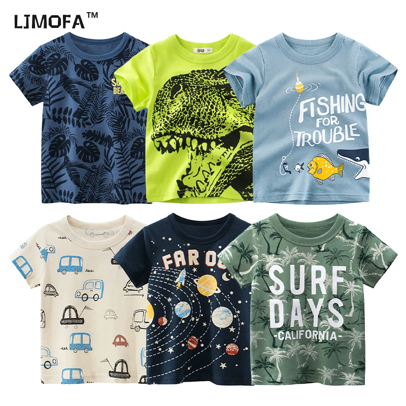 LJMOFA Kids T-shirts Boys Short Sleeve Tee Summer Cotton Clothes for Child Toddler Animal Print Dinosaur Shark Sweatshirt D195