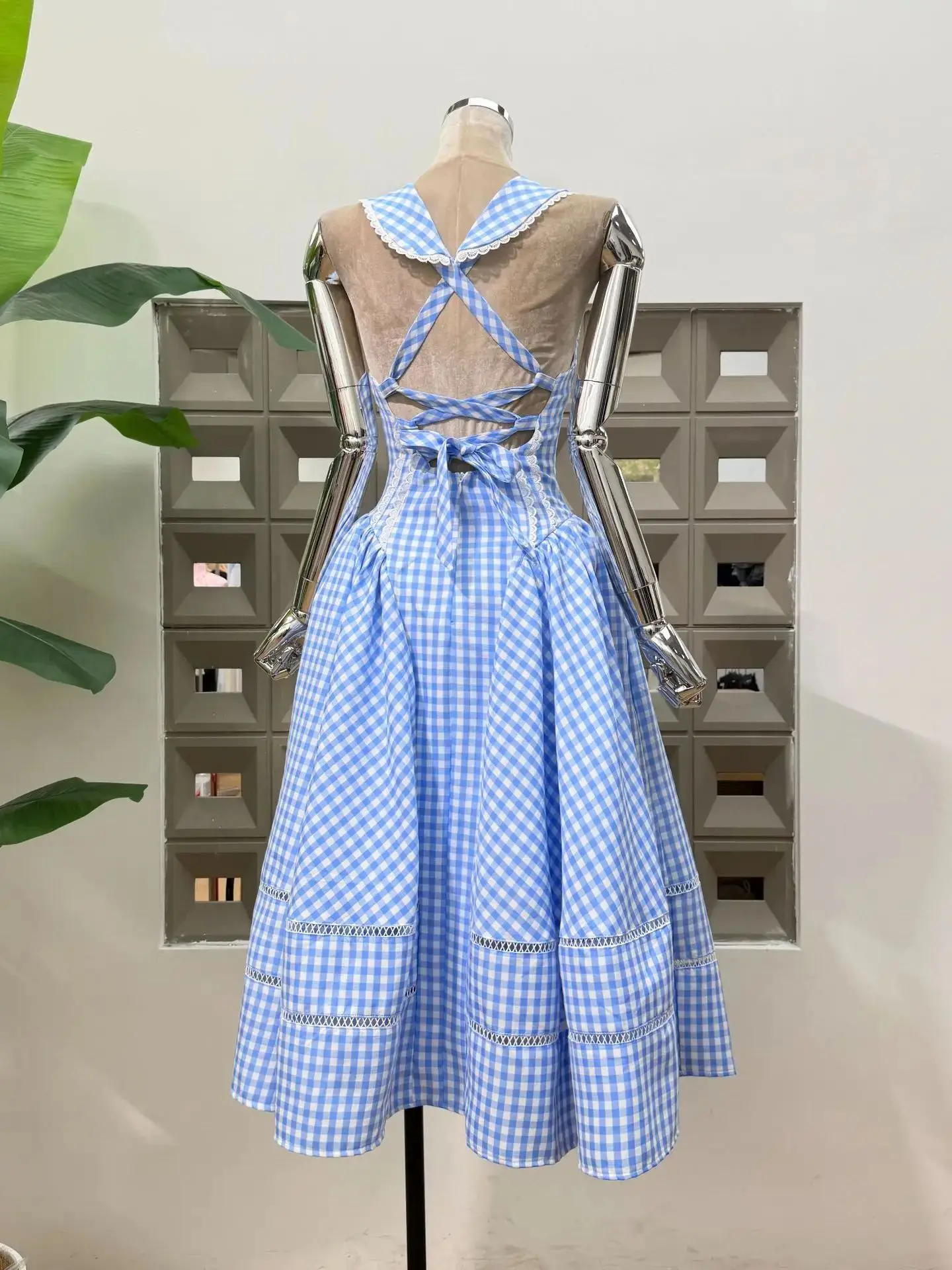Women Sexy Sleeveless Plaid Long Dress Backless Princess Lolita Design Clothes for Girls Birthday Celebrity Cocktail Dresses