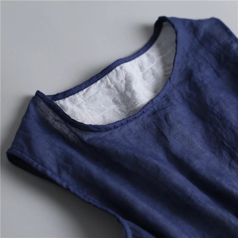 2023 Summer New Solid Color Vests Women Round Neck Vintage Frog Thin Style Cotton Hemp Sleeveless Pullovers Simple Elegant Tanks
