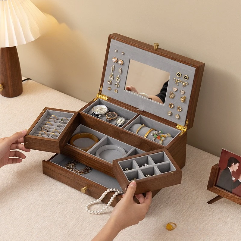 Multi Layer Jewelry Box Necklace Bracelet Storage Boxes Solid Wood Large Capacity Case Drawer Trinket Jewellery Protect Cases