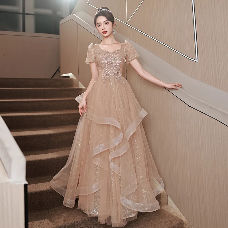 High-End Evening Dress for Women Banquet Temperament Light Luxury Minority Piano Performance Champagne Color Host Adult Ceremony