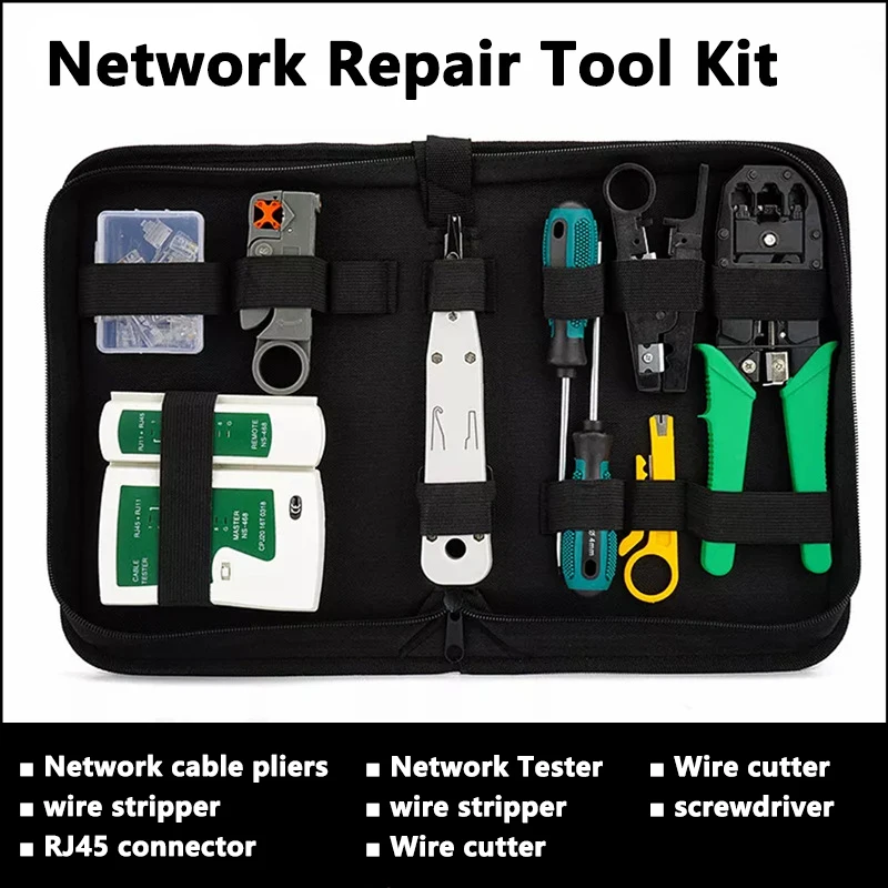 

Network Tool Kit Professional Portable Ethernet Computer Maintenance LAN Cable Tester Crimper Cutter Repair Set with Bag