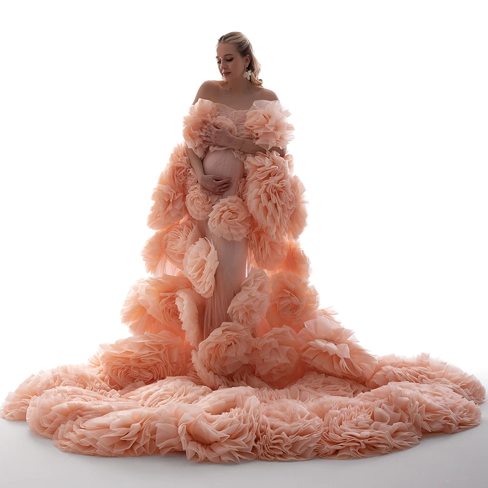 

Handmade Maternity Photoshoot Dress Flower Pink Cape with Lining Floor Length Dress for Photo Shoot Custom Color YEWEN YW240005