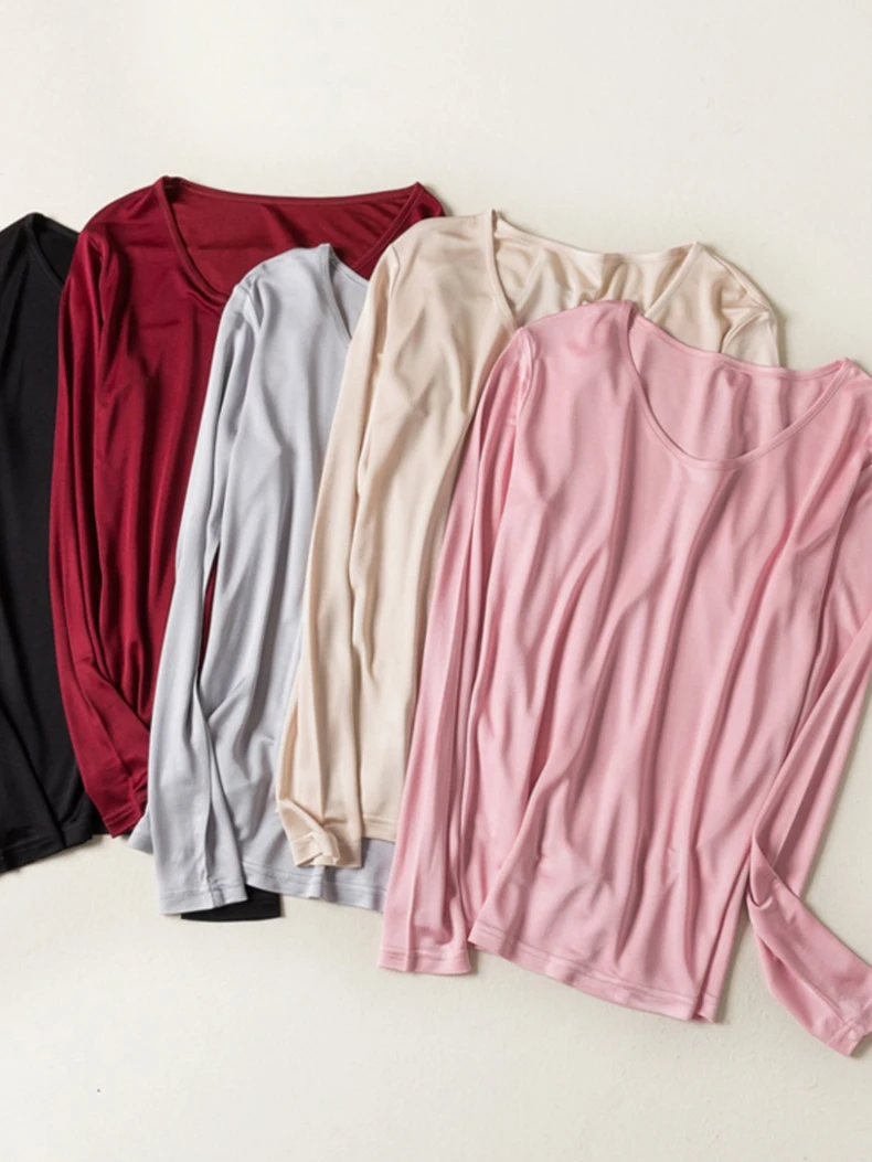 SuyaDream Women Basic Shirt Real Silk T shirts Solid Long sleeved O neck Healthy TOP 2025 Autumn Winter Wine
