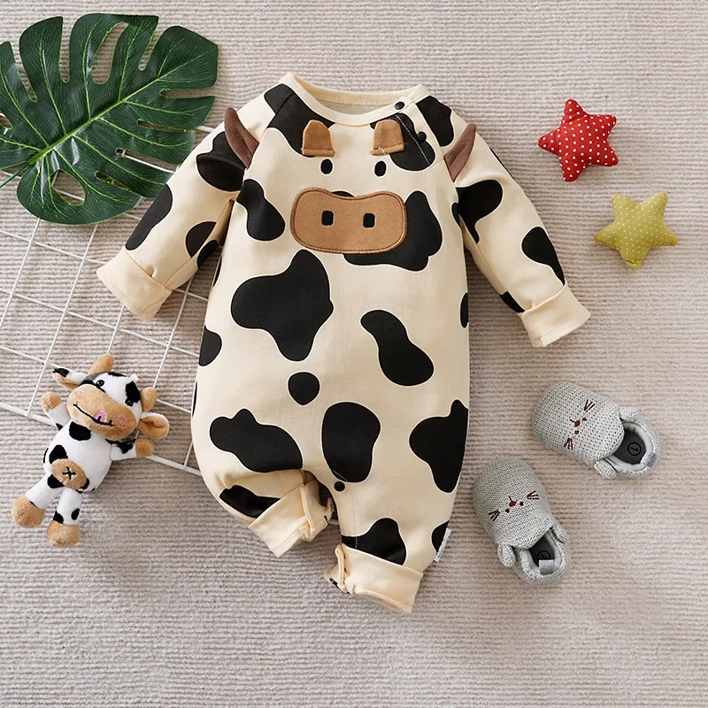 

Spring and Autumn 0-18Months Boys and Girls Baby Long-Sleeve Romper Cow Embroidery Full Print Cow Pattern 100% Cotton Newborn