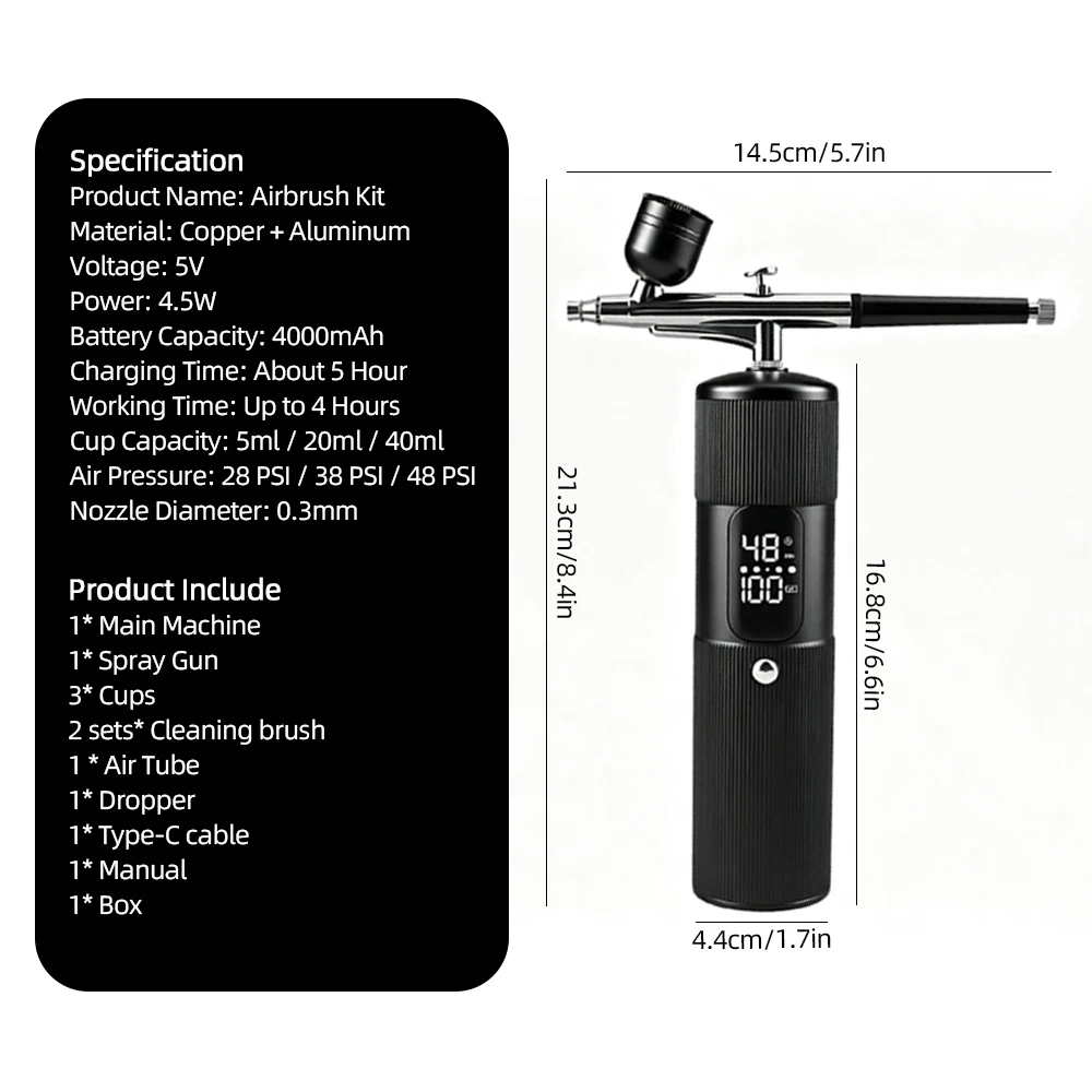 Tragbares Airbrush-Set mit Verlängerungsrohr, 28/38/48 PSI Luftdruck-Sprühgerät für Nagelkunst, Handwerk, Autolackierung, 4 Stunden Betriebszeit – Detail 16