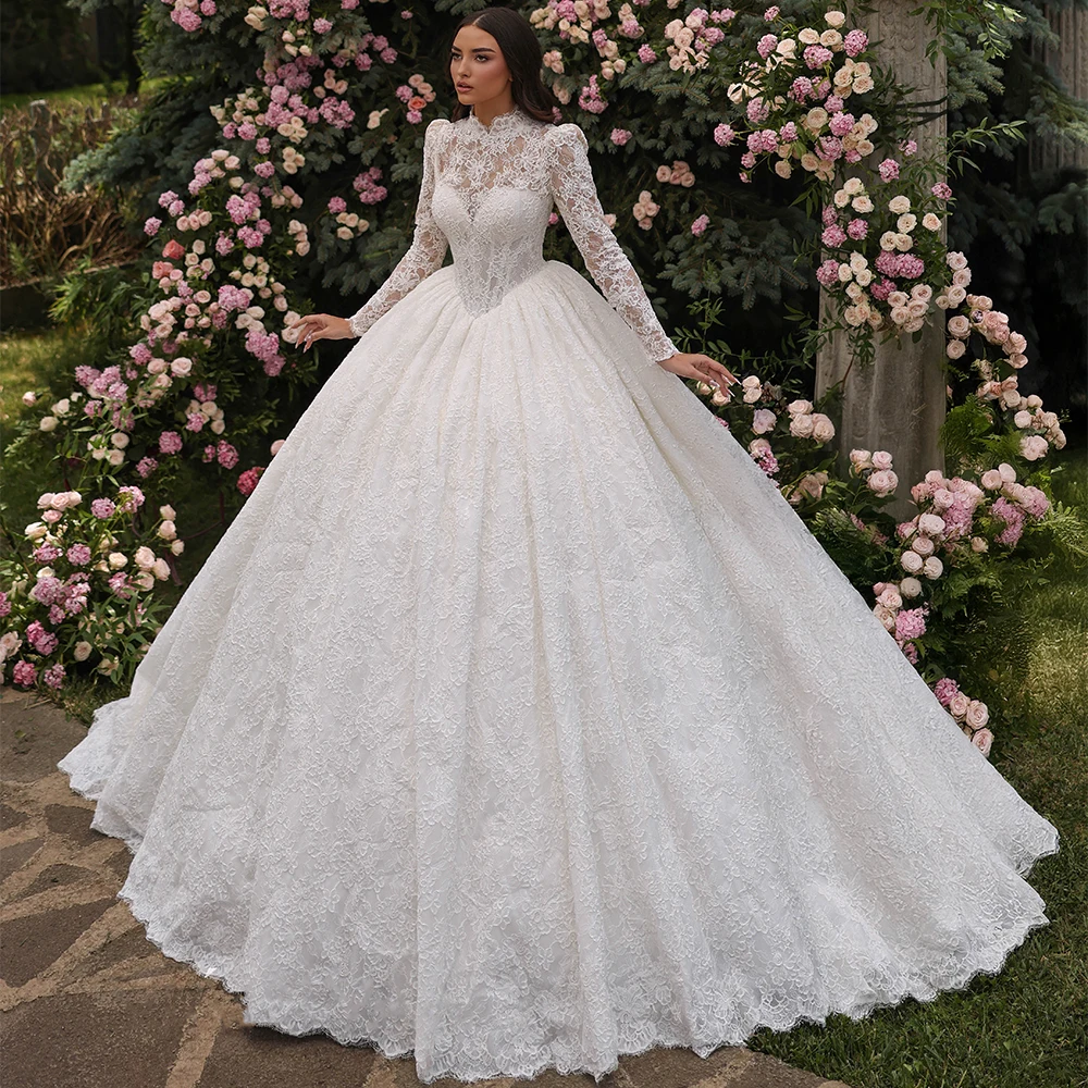 Wunderschöne Ballkleid-Brautkleider, Brautkleid, maßgeschneidert, Stehkragen, volle Ärmel, Spitzenapplikation, saudi-arabische Brautkleider – Detail 2