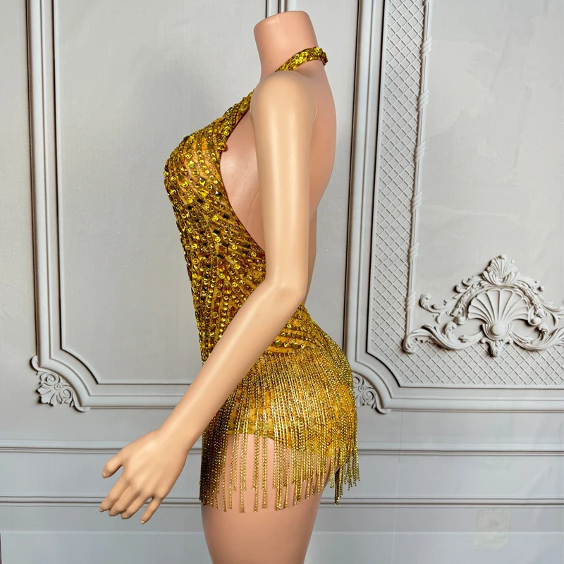 女性歌手パーティーフェスティバル衣装ゴールドラインストーンフリンジボディスーツナイトクラブ Dj Ds ポールダンス服ゴーゴー衣装 XS8863