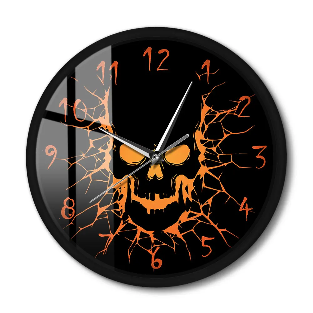 Skull With Crack Hole Horror Metal Frame Wall Clock Silent Gothic Birth Of A Demon Black Wall Watch Halloween Office Home Decor