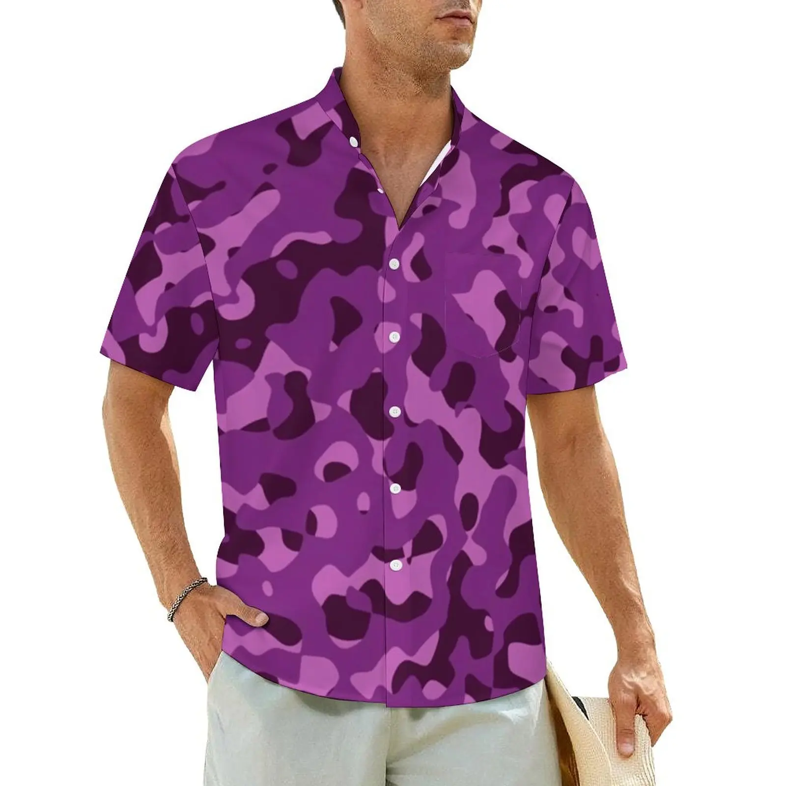 Camisa de playa con estampado de camuflaje abstracto para hombre, camisas informales Retro Y2K de camuflaje púrpura, blusas elegantes de manga corta de gran tamaño para regalo