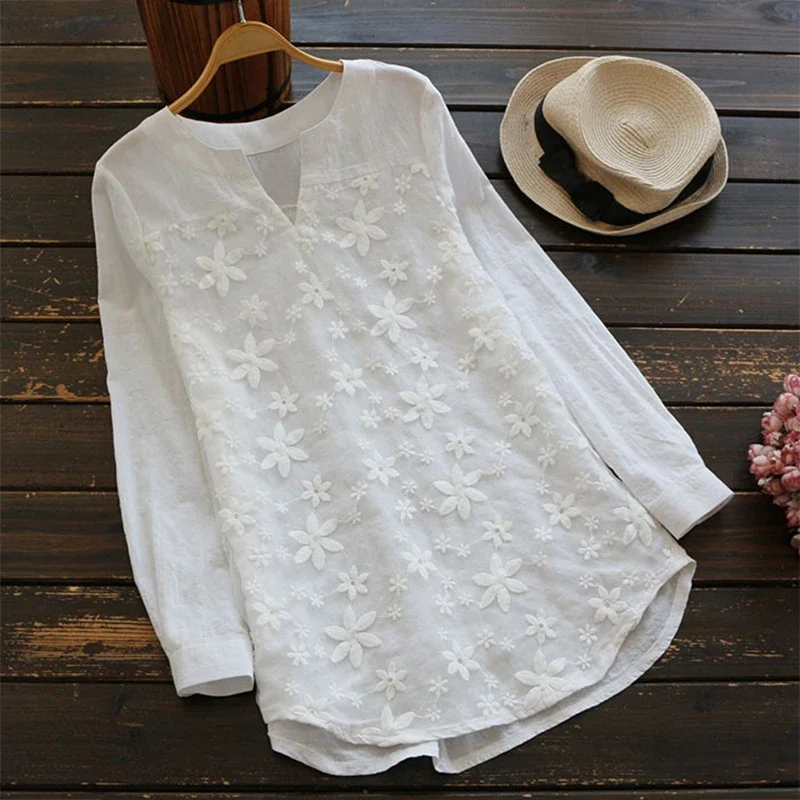 Embroidery Lace Cotton Linen Casual Women Blouse Fashion Loose White Elegant Shirt Plus Size V Neck Tops Long Sleeve S-5XL