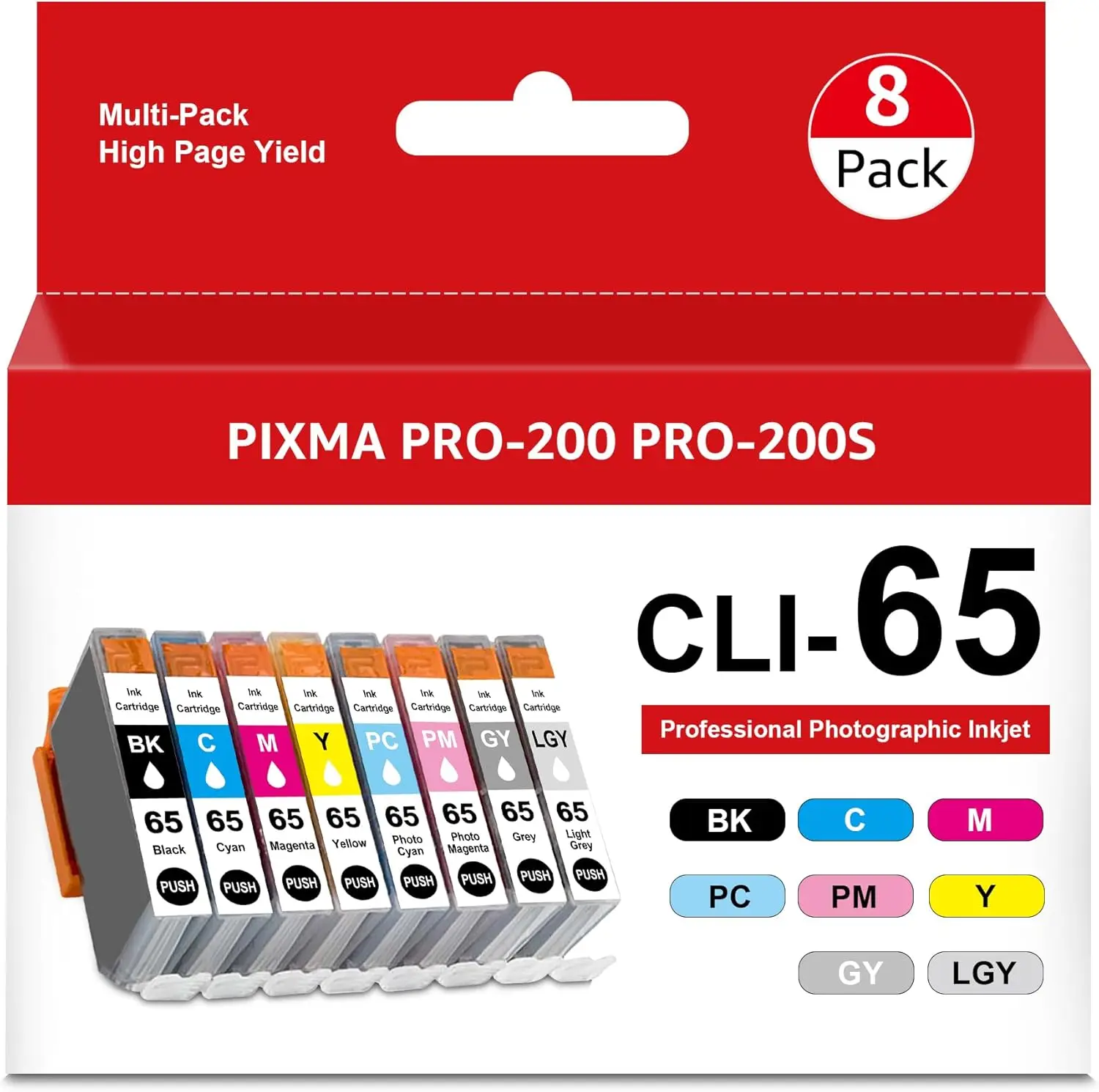 CLI65 Ink Cartridge, CLI-65 Ink Tank Color CLI 65 BK GY LGY C PC M PM Y 8-Color Ink Value Pack for CAN PRO-200 PRO-200S Printers