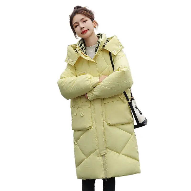 

Fashion plaid patchwork candy colored mid length down jacket Autumn and Winter hooded large pocket Hooded Cotton-padded coats